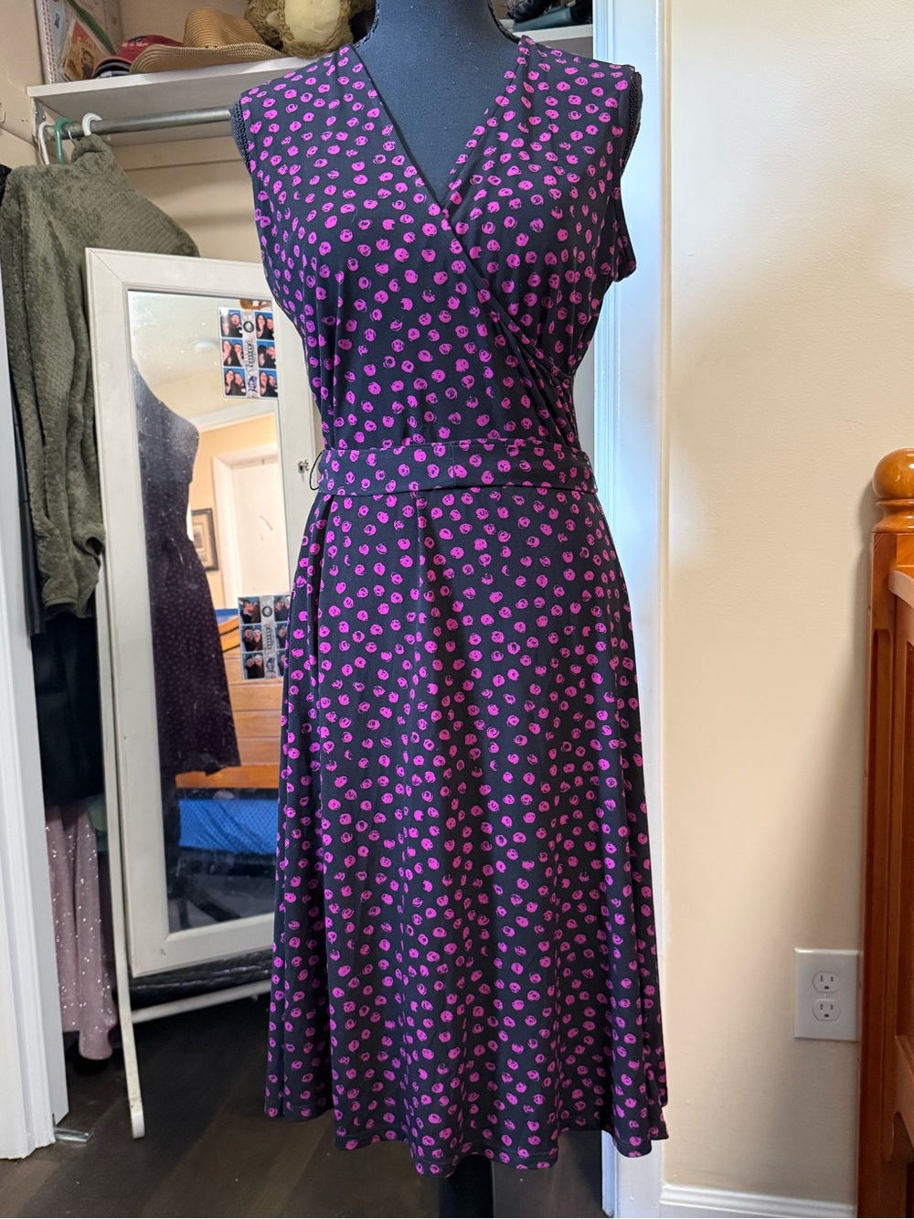 Leota Black Sleeveless Wrap Dress with Pink Spot Print